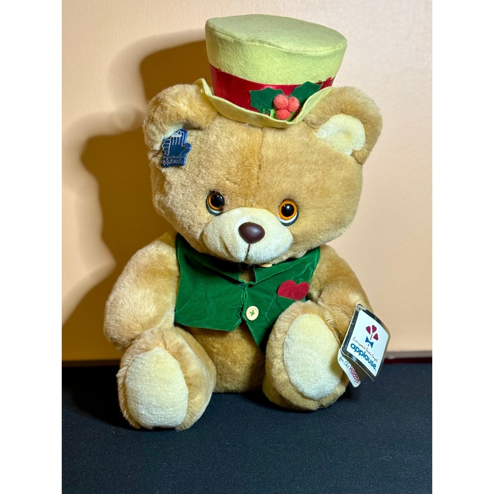 Vintage 1988 Applause Jolly Hollybear Christmas Plush Teddy Bear Green Vest Hat